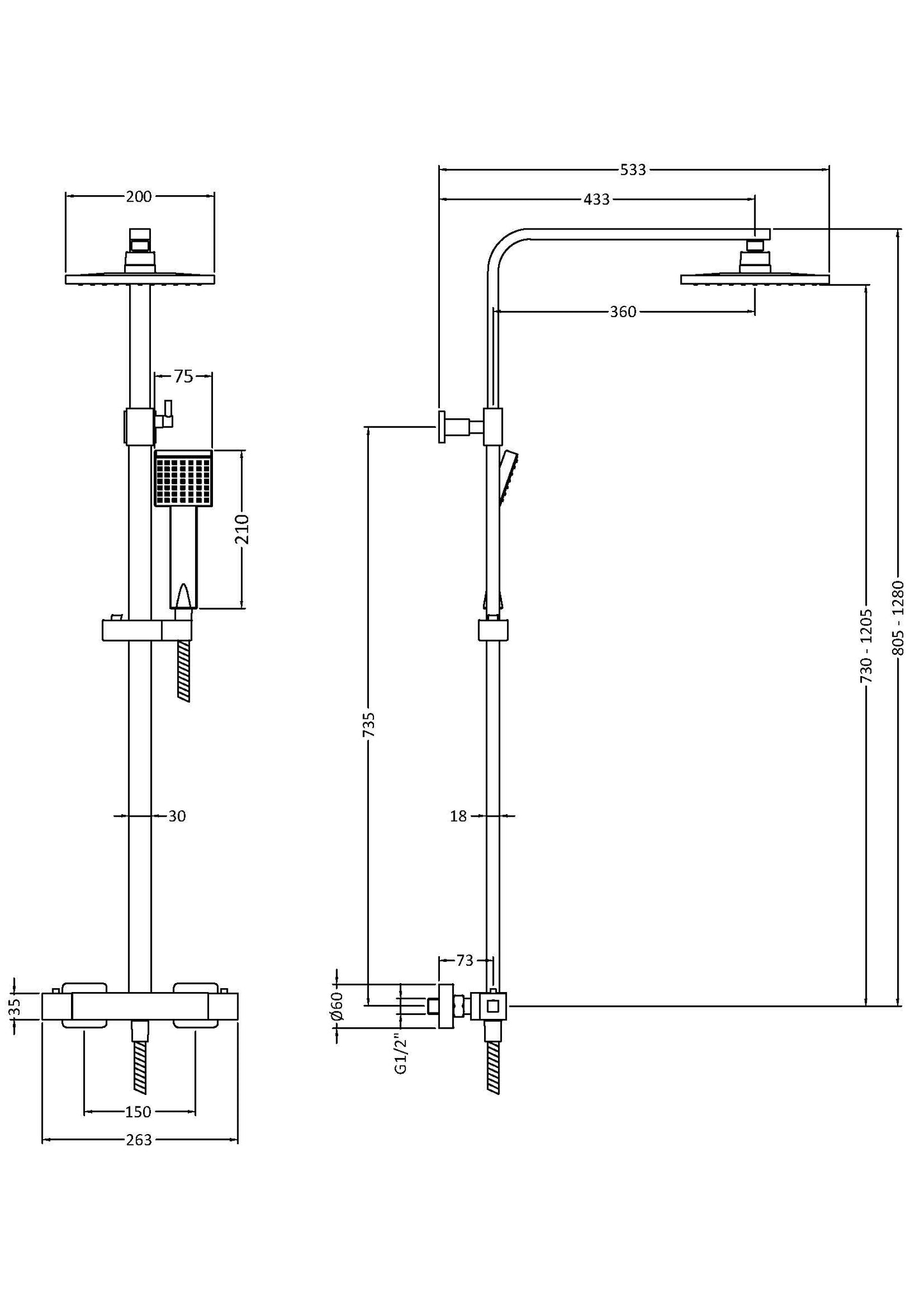 Nuie Square Thermostatic Bar Shower with Kit