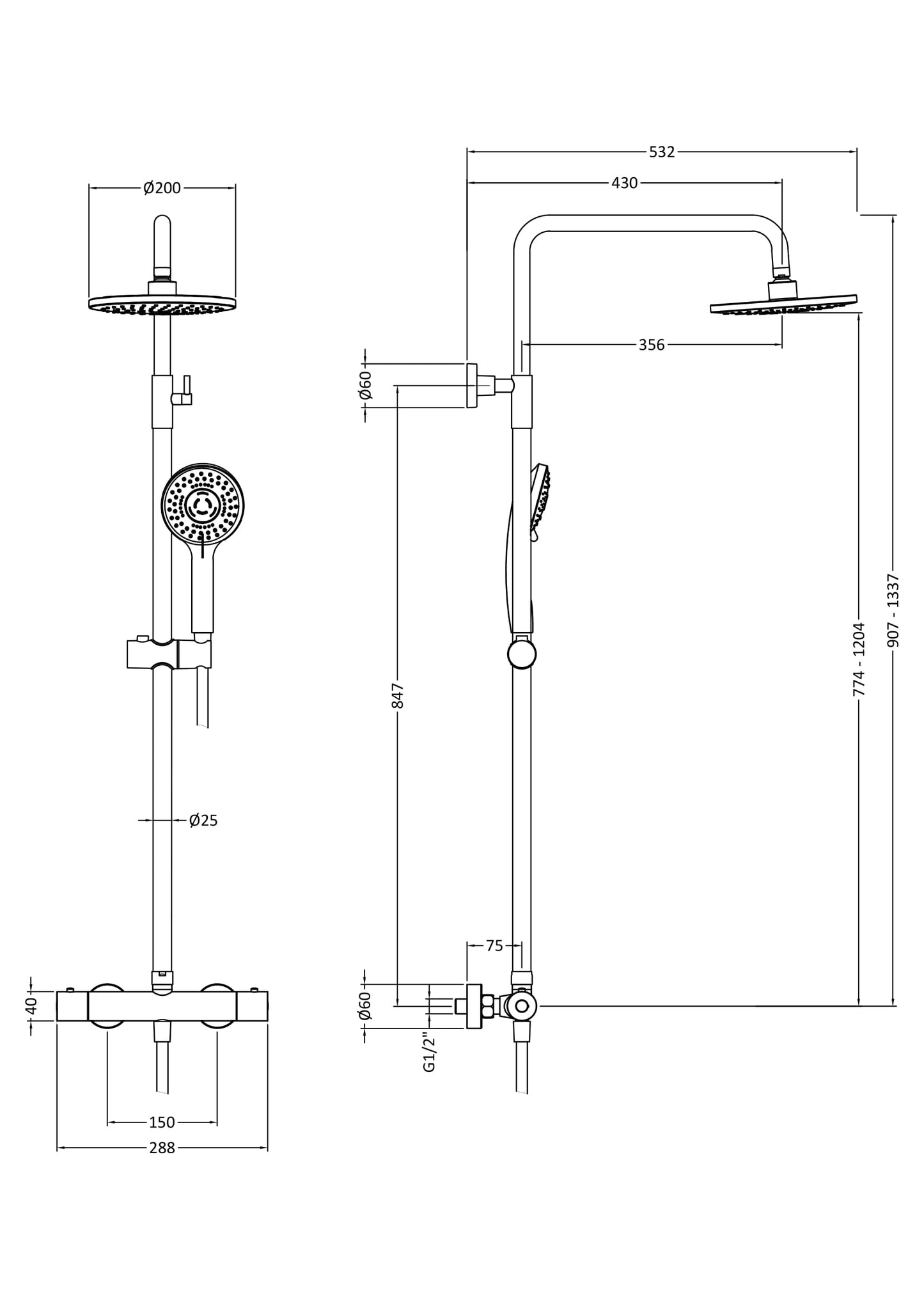 Nuie Arvan Round Thermostatic Bar Shower with Kit