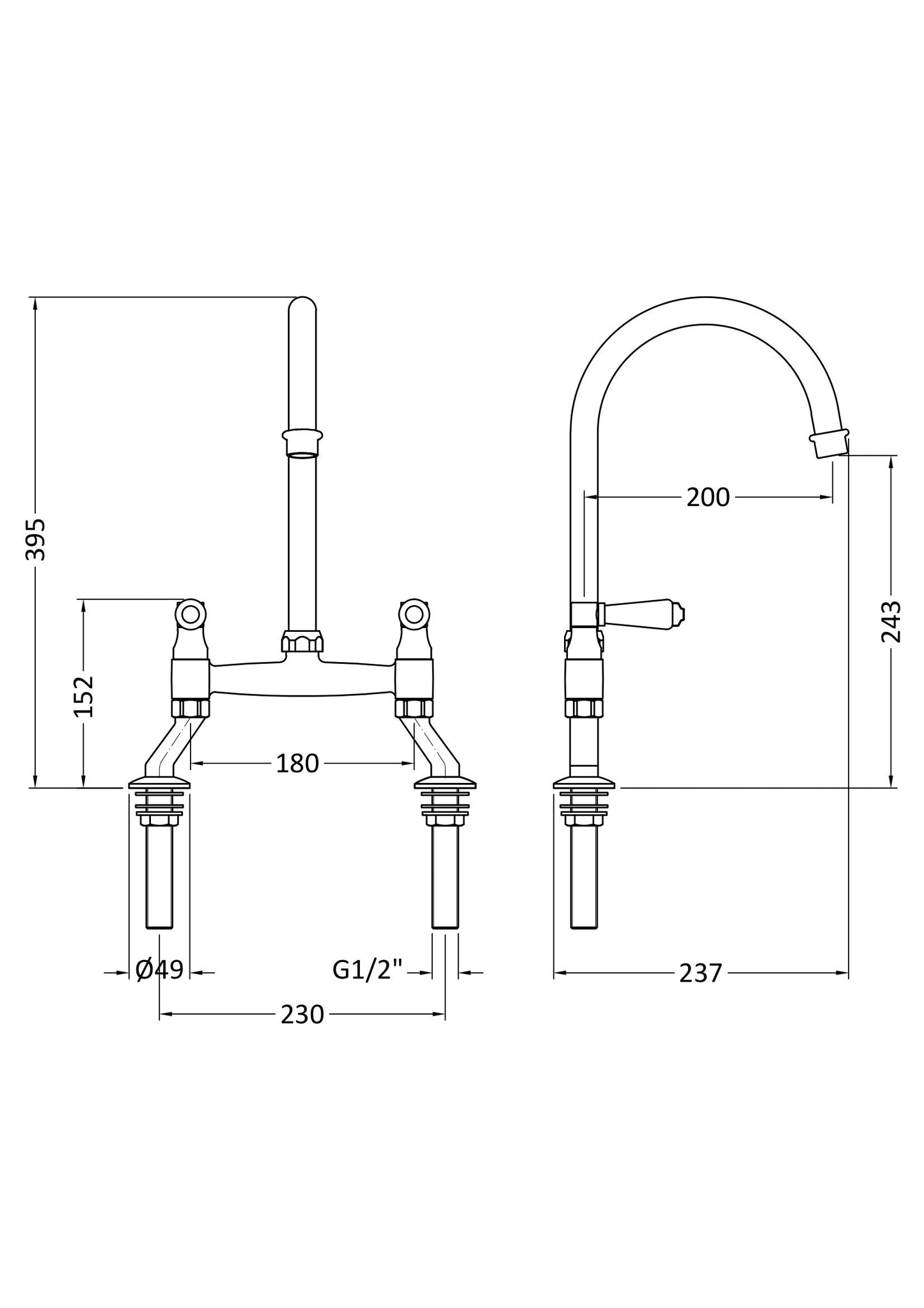 Nuie Bridge Sink Mixer with Topaz Lever