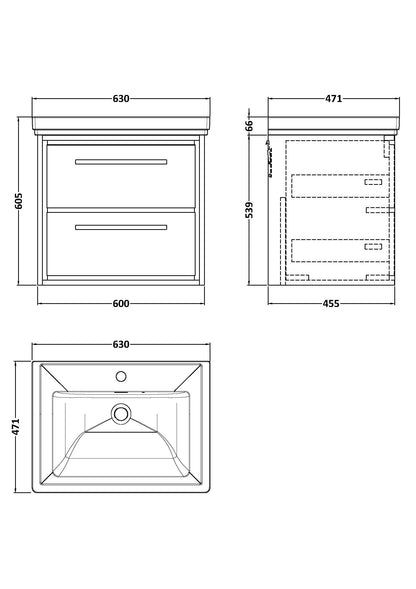 Hudson Reed Lille Wall Hung 2 Drawer Vanity with Basin/Worktop