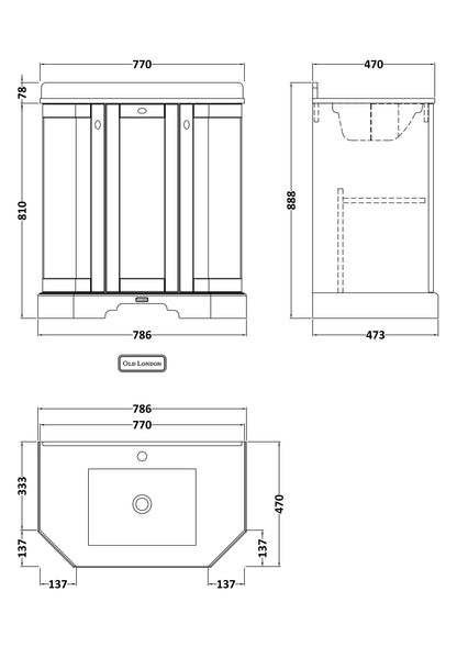 Hudson Reed Old London 750mm 3-Door Angled Unit & Marble Top 1TH