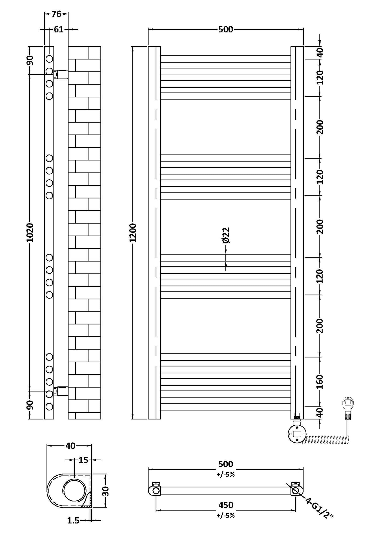 Nuie Round Straight 1200x500 Towel Radiator