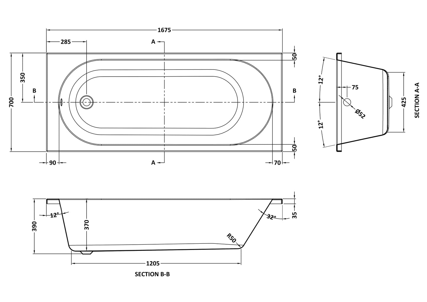 Nuie Otley 1675 x 700mm Round Single Ended Bath