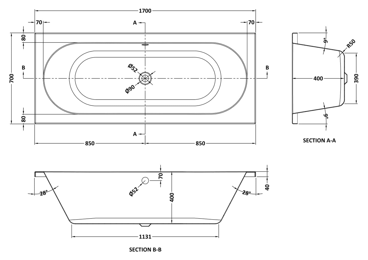 Nuie Otley Round Double Ended Standard Bath