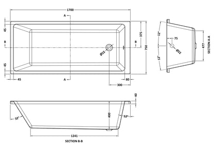 Nuie Thin Edge 1700 x 750mm Single Ended Bath