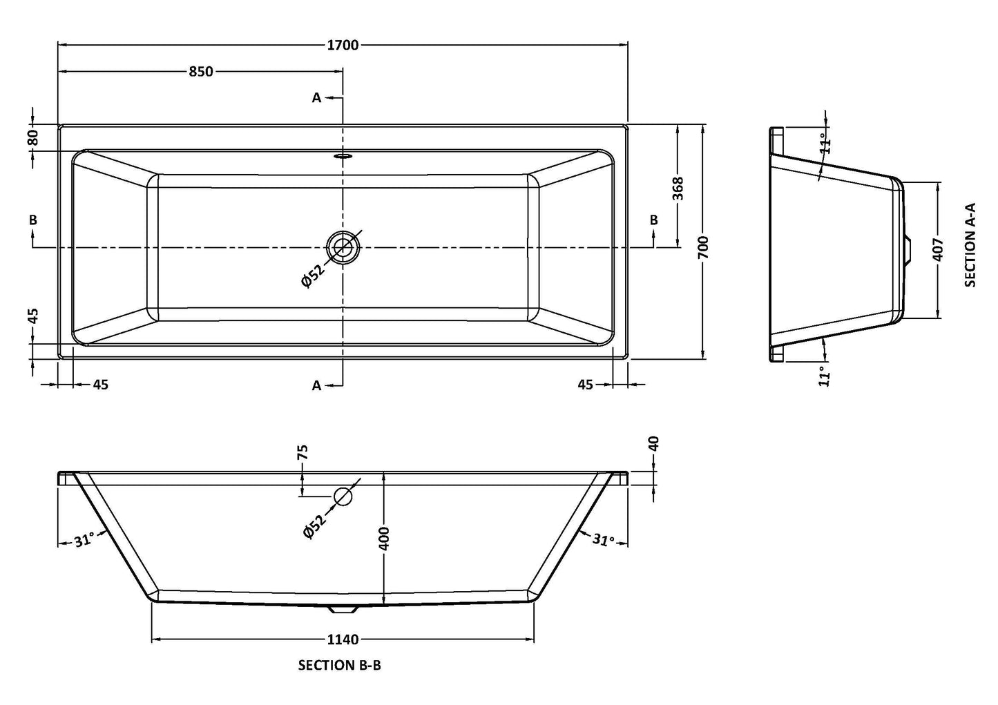 Nuie Asselby Thin Edge Double Ended Bath