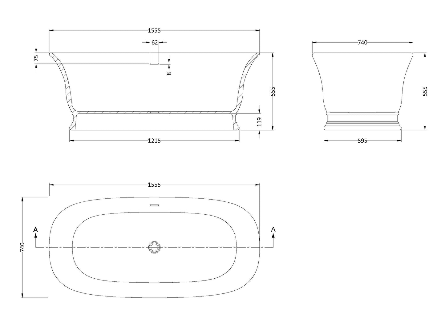 Hudson Reed Farringdon Double Ended Freestanding 1555mm Bath With Push Button Waste