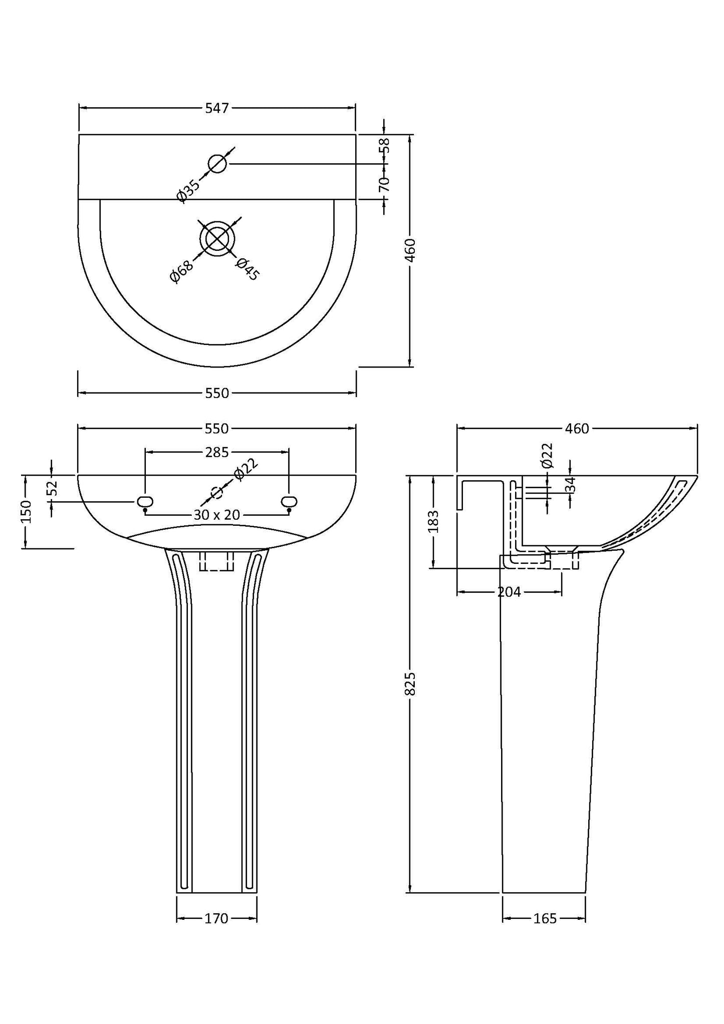 Nuie Freya 550mm 1TH Basin & Pedestal