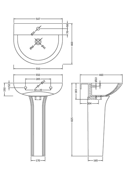 Nuie Freya 550mm 1TH Basin & Pedestal