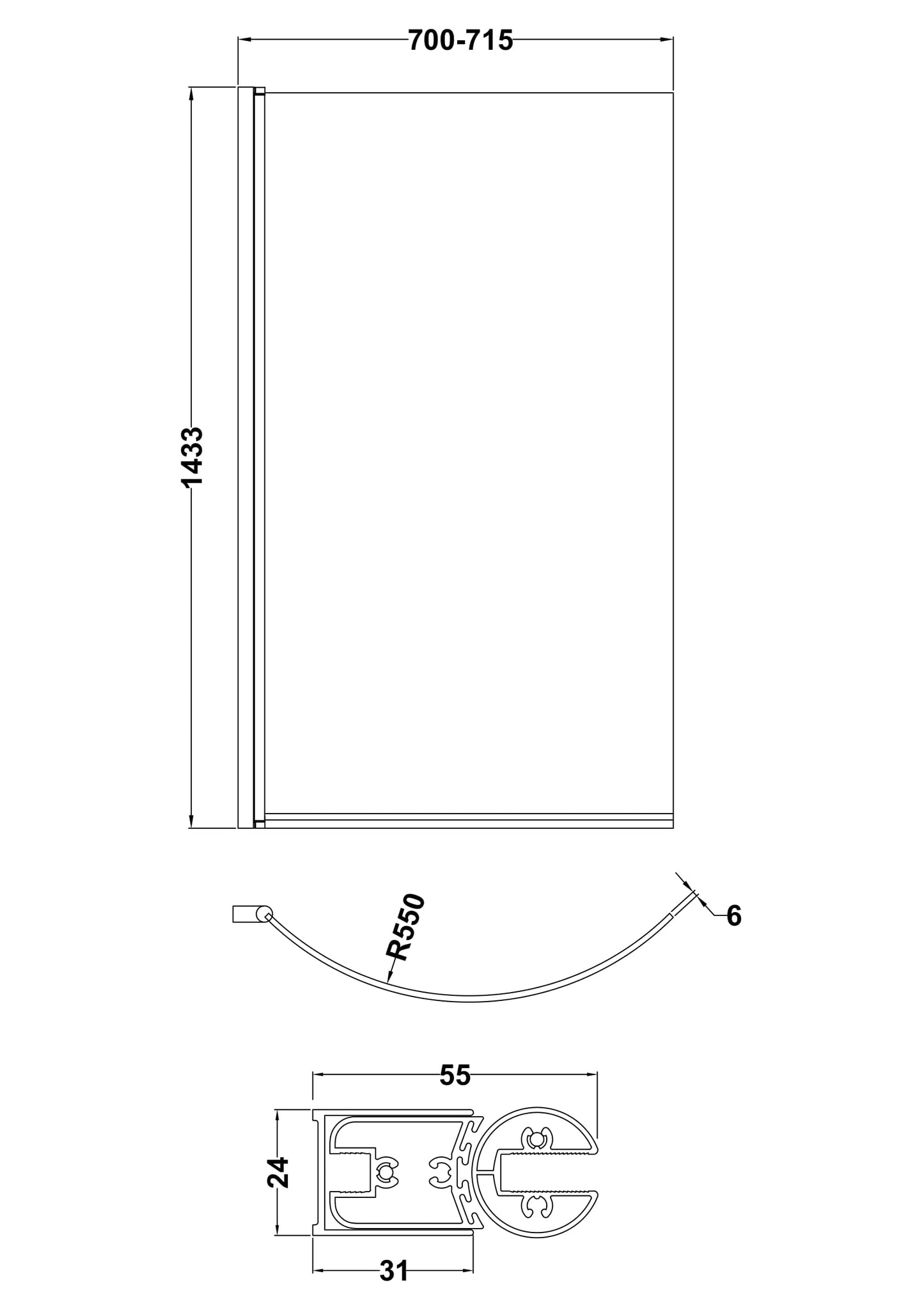 Nuie Pacific 6mm Curved Hinged B and P Bath Screen