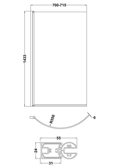 Nuie Pacific 6mm Curved Hinged B and P Bath Screen