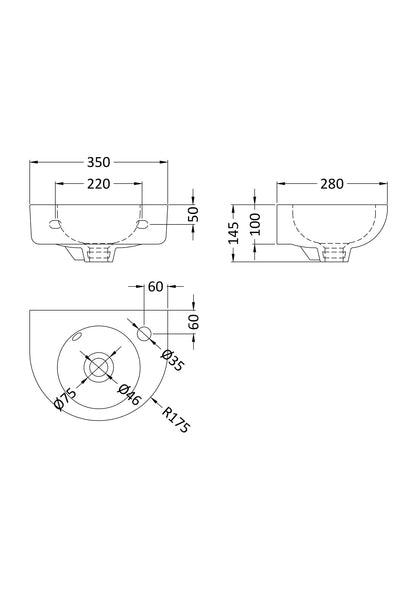 Nuie Melbourne D-Shaped Wall Hung 1TH Basin With overflow