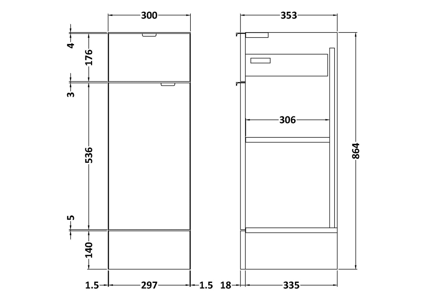 Hudson Reed Single Fitted Full Depth 300mm 1-Door 1-Drawer Line Unit