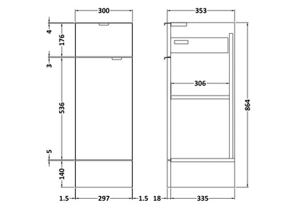 Hudson Reed Single Fitted Full Depth 300mm 1-Door 1-Drawer Line Unit