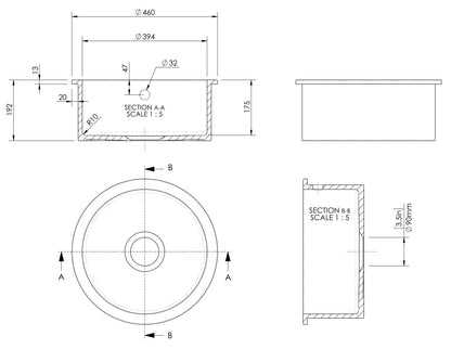 Nuie Undermount Round 460 x 191 Bowl with Overflow & Central Waste