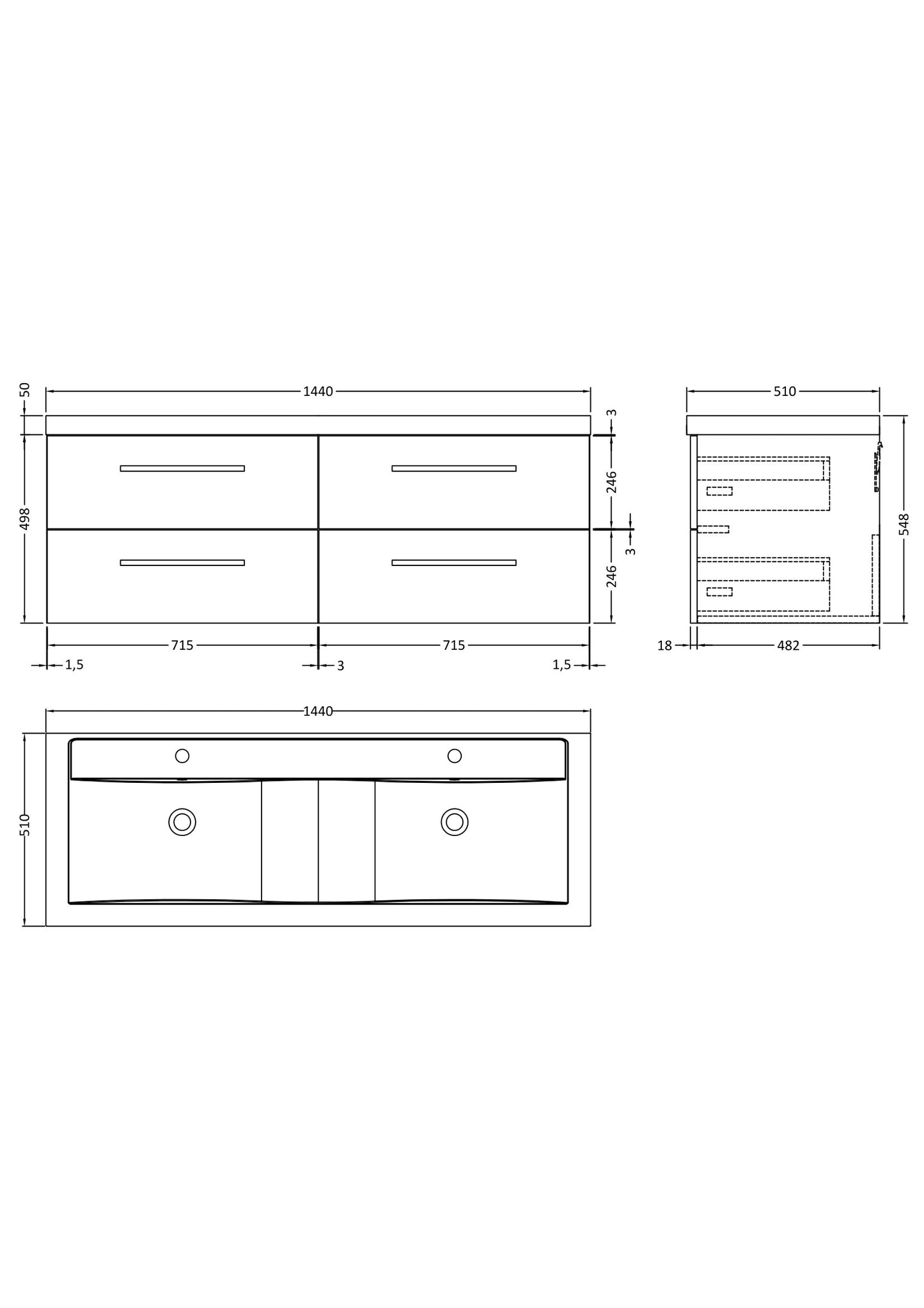 Hudson Reed Quartet 1440mm Wall Hung 4-Drawer Cabinet with Basin