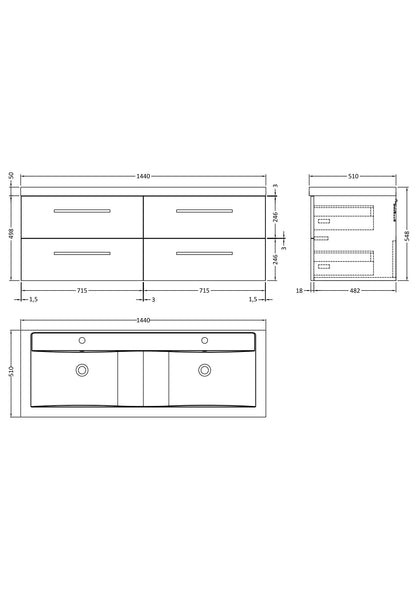 Hudson Reed Quartet 1440mm Wall Hung 4-Drawer Cabinet with Basin