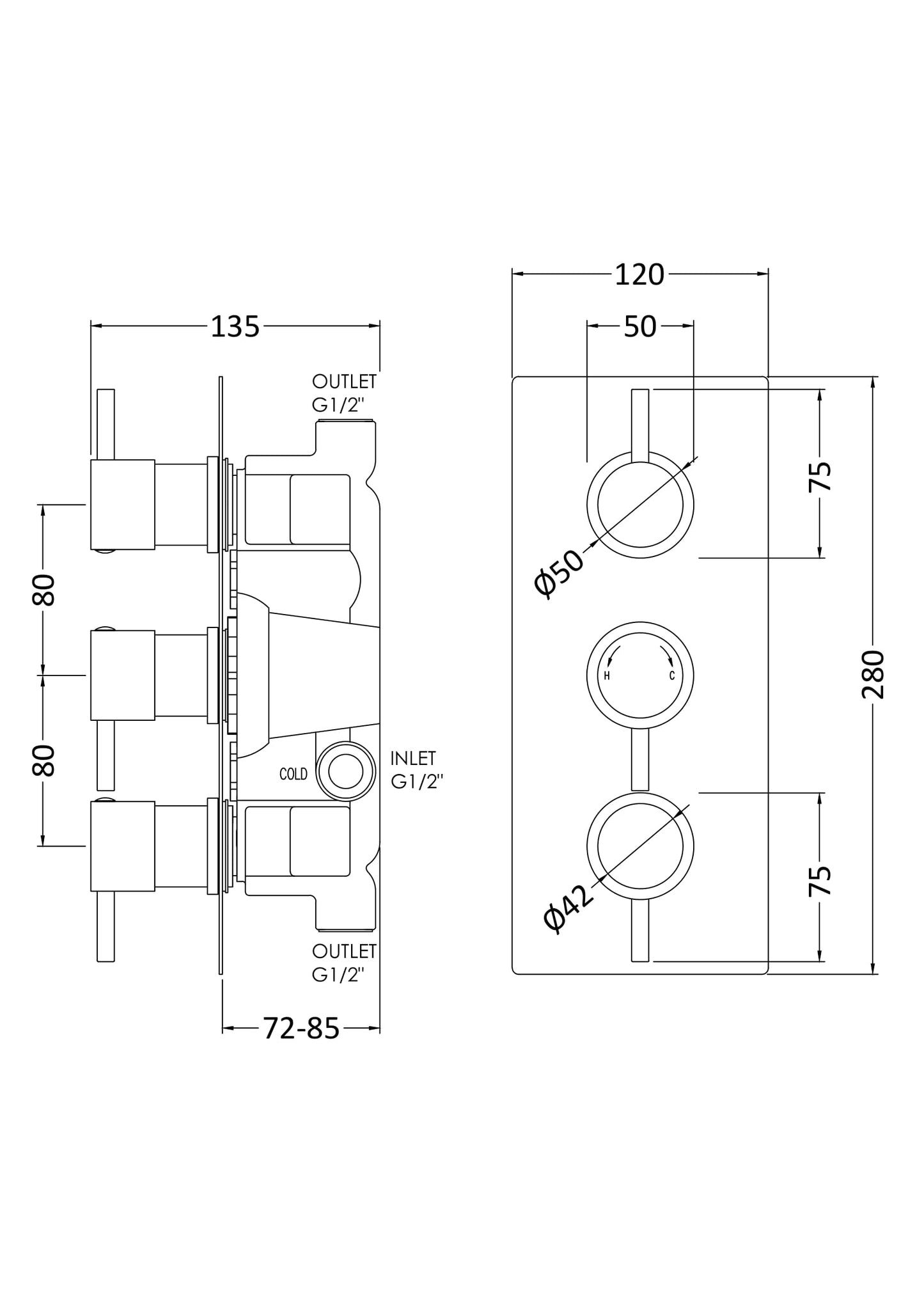 Nuie Thermostatic Triple Valve