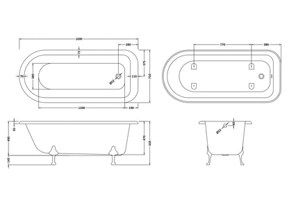 Hudson Reed Old London Barnsbury 1700mm Single Ended Freestanding Acrylic Bath