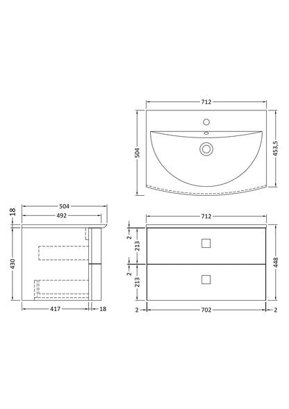 Hudson Reed Sarenna Wall Hung 700mm 2 Drawer Cabinet with Basin