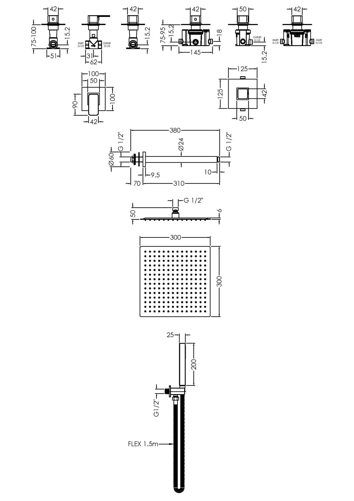 Nuie Windon Spa Square 2 Outlet Shower Pack With Stop Tap