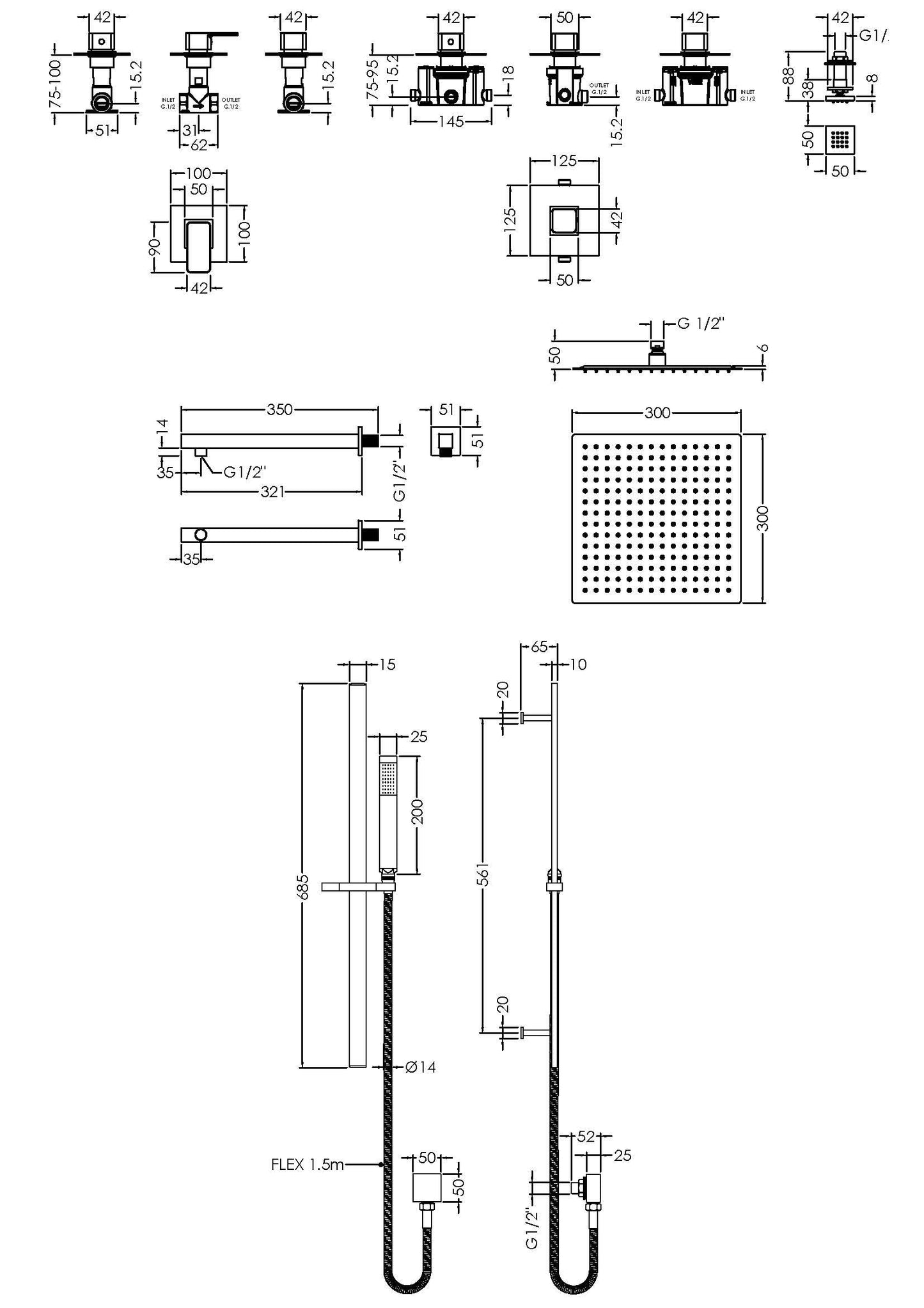 Nuie Windon Spa Square 3 Outlet Shower Pack With Stop Tap & Diverter