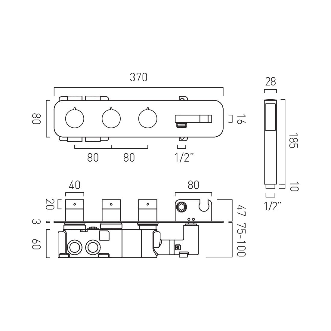 Vado Tablet Altitude Round 3 Outlet 3 Handle Concealed Thermostatic Valve