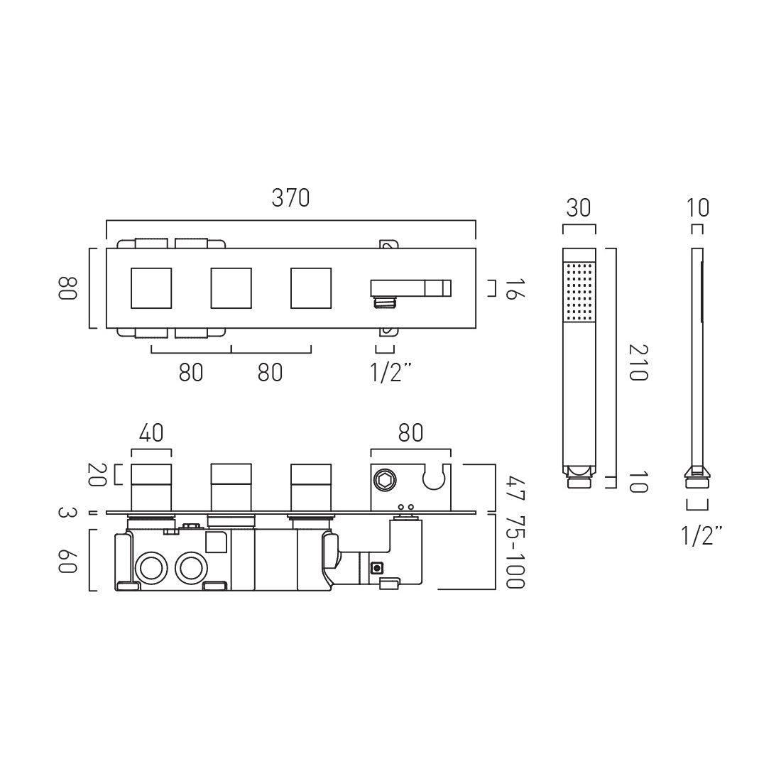 Vado Tablet Notion Square 3 Outlet 3 Handle Concealed Thermostatic Valve