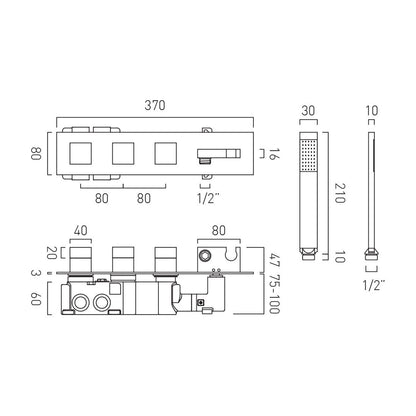 Vado Tablet Notion Square 3 Outlet 3 Handle Concealed Thermostatic Valve