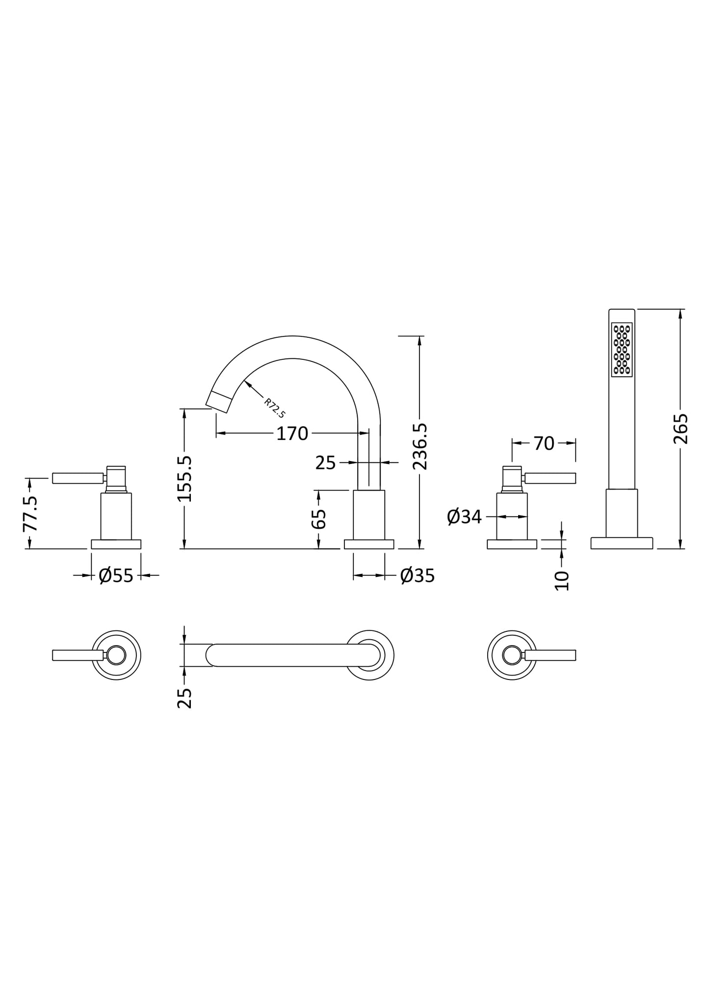 Hudson Reed TEC Lever 4 Tap Hole Bath Shower Mixer With swivel spout, shower kit and hose retainer