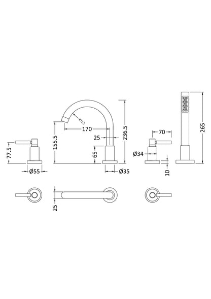 Hudson Reed TEC Lever 4 Tap Hole Bath Shower Mixer With swivel spout, shower kit and hose retainer