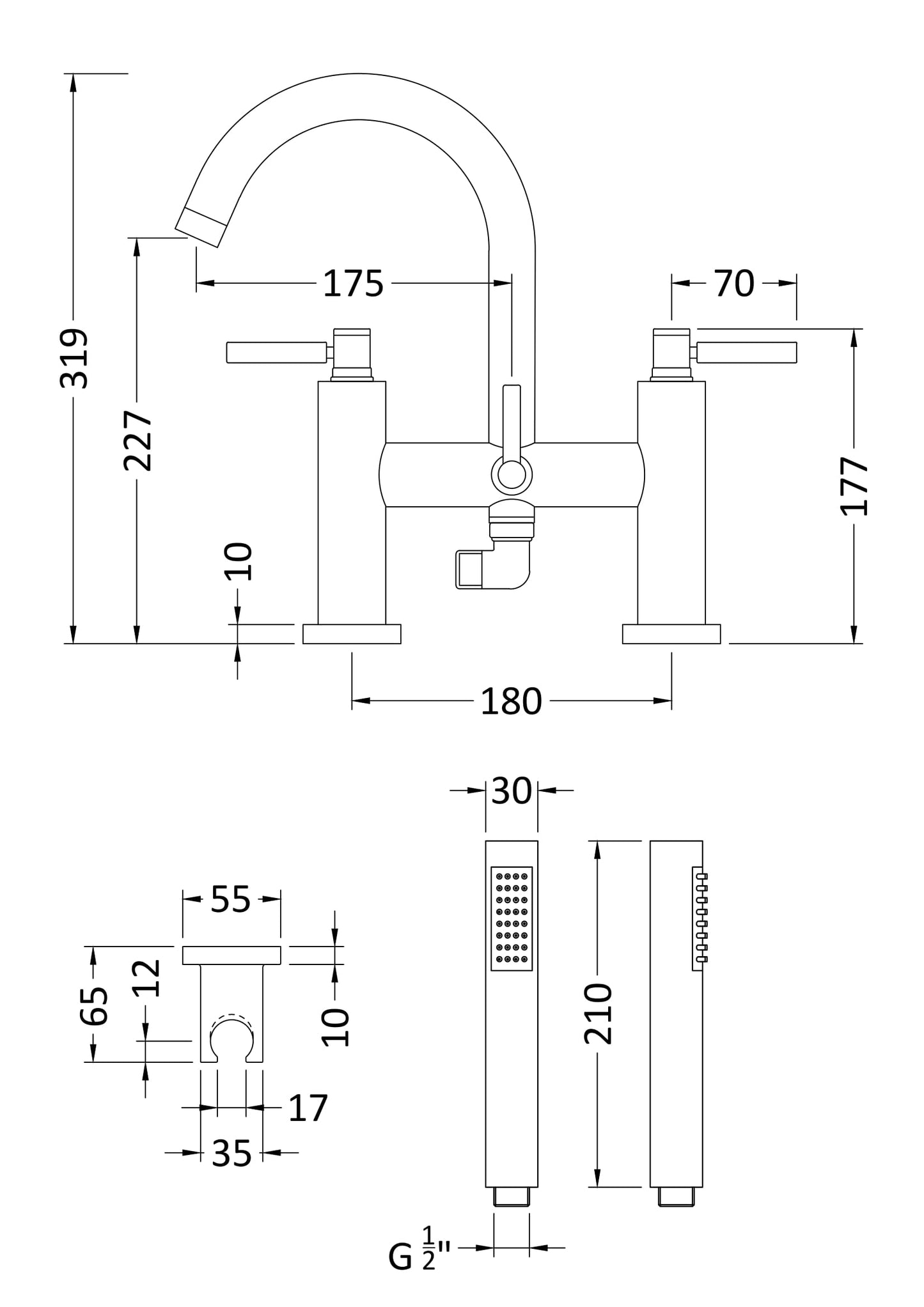 Hudson Reed TEC Lever Bath Shower Mixer With swivel spout, shower kit and wall bracket