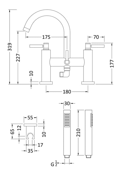 Hudson Reed TEC Lever Bath Shower Mixer With swivel spout, shower kit and wall bracket