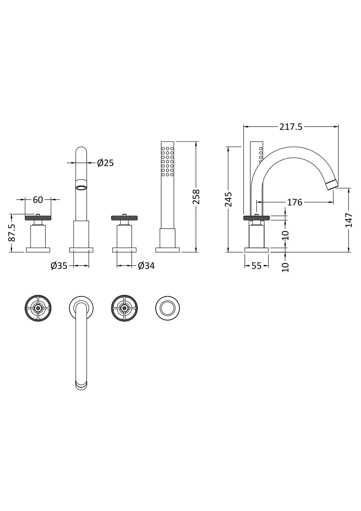 Hudson Reed Revolution Industrial 4 Tap Hole Bath Shower Mixer With swivel spout, shower kit and hose retainer