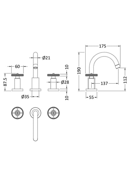 Hudson Reed Revolution Industrial 3 Tap Hole Basin Mixer With swivel spout and pop-up waste