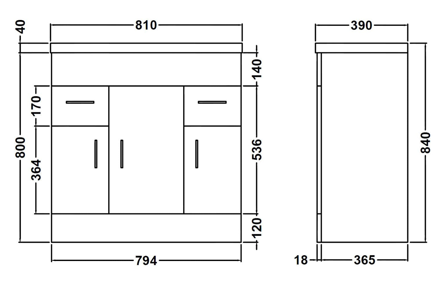 Nuie Eden Floorstanding 3 Door 2 Drawer Cabinet and Basin - White