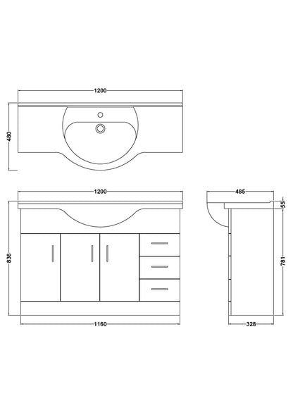 Nuie Mayford Floorstanding 3 Door 3 Drawer Cabinet and Round Basin - White