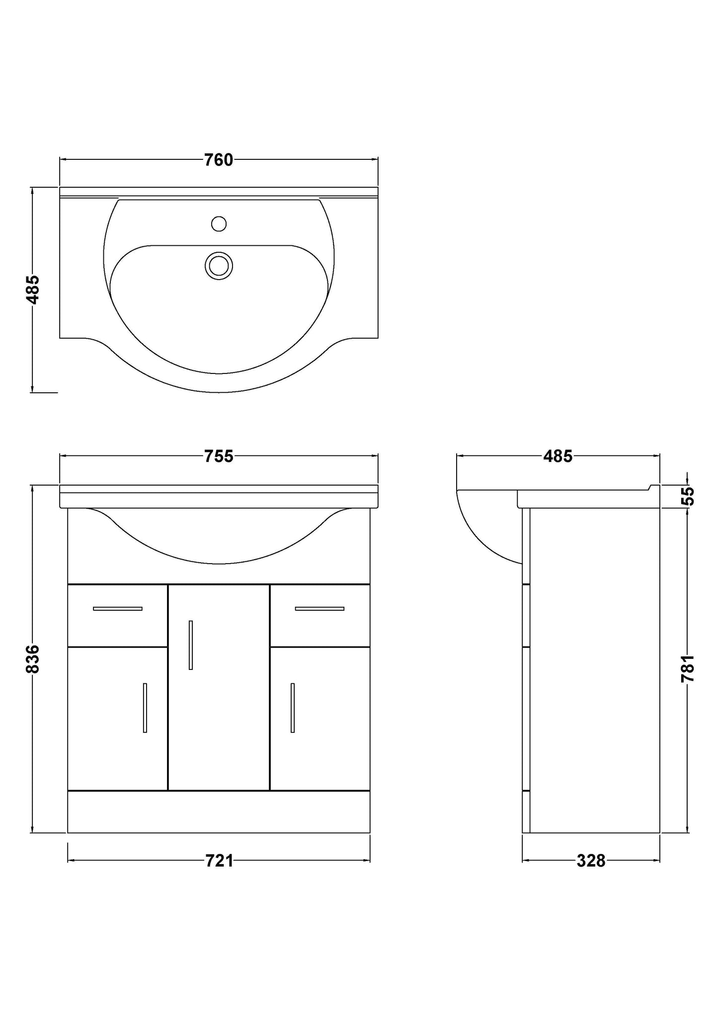 Nuie Mayford Floorstanding 3 Door 2 Drawer Cabinet and Round Basin - White