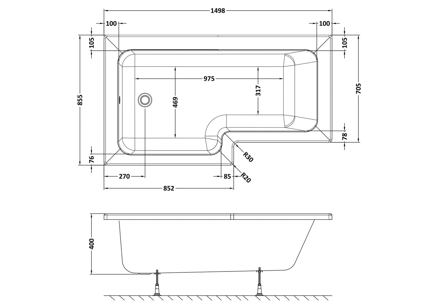 Nuie Square L-Shape Shower Bath with Screen and Panel