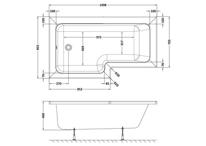 Nuie Square L-Shape Shower Bath with Screen and Panel