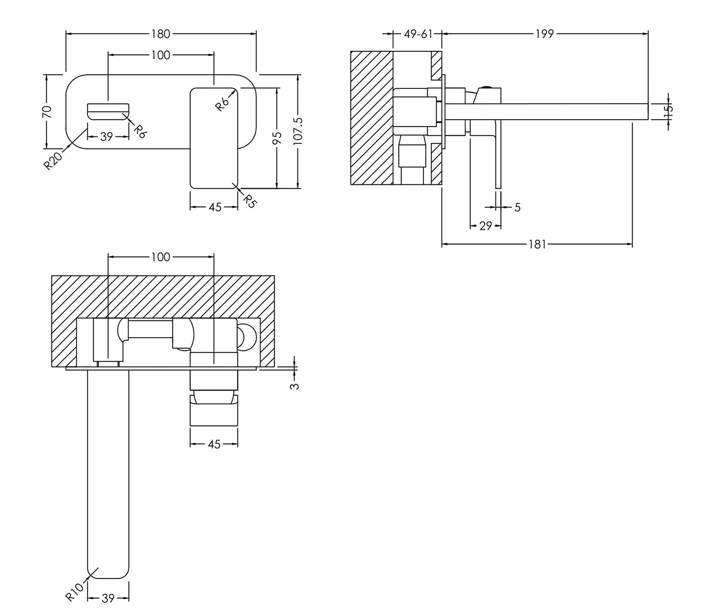 Nuie Windon Wall Mounted 2 Tap Hole Basin Mixer With Plate