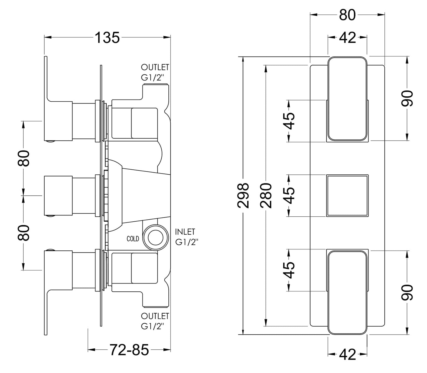 Nuie Windon Thermostatic Square Triple Shower Valve