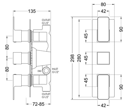 Nuie Windon Thermostatic Square Triple Shower Valve