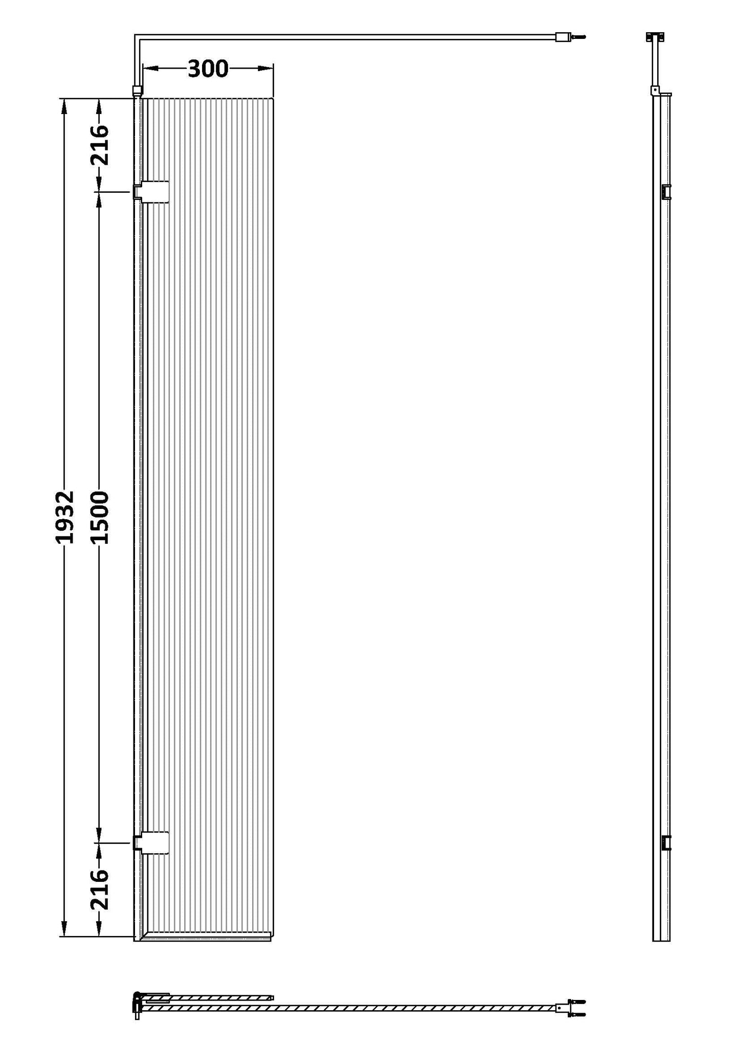 Hudson Reed 300 x 1950 Fluted Hinged Screen with Support Bar