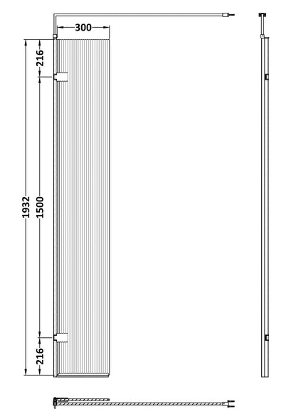 Hudson Reed 300 x 1950 Fluted Hinged Screen with Support Bar