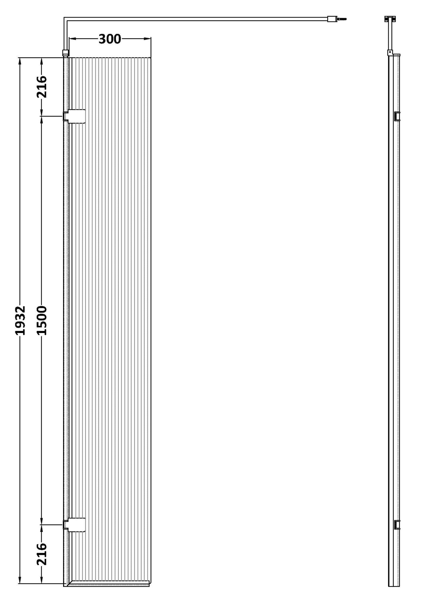 Hudson Reed 300 x 1950 Fluted Hinged Screen with Support Bar