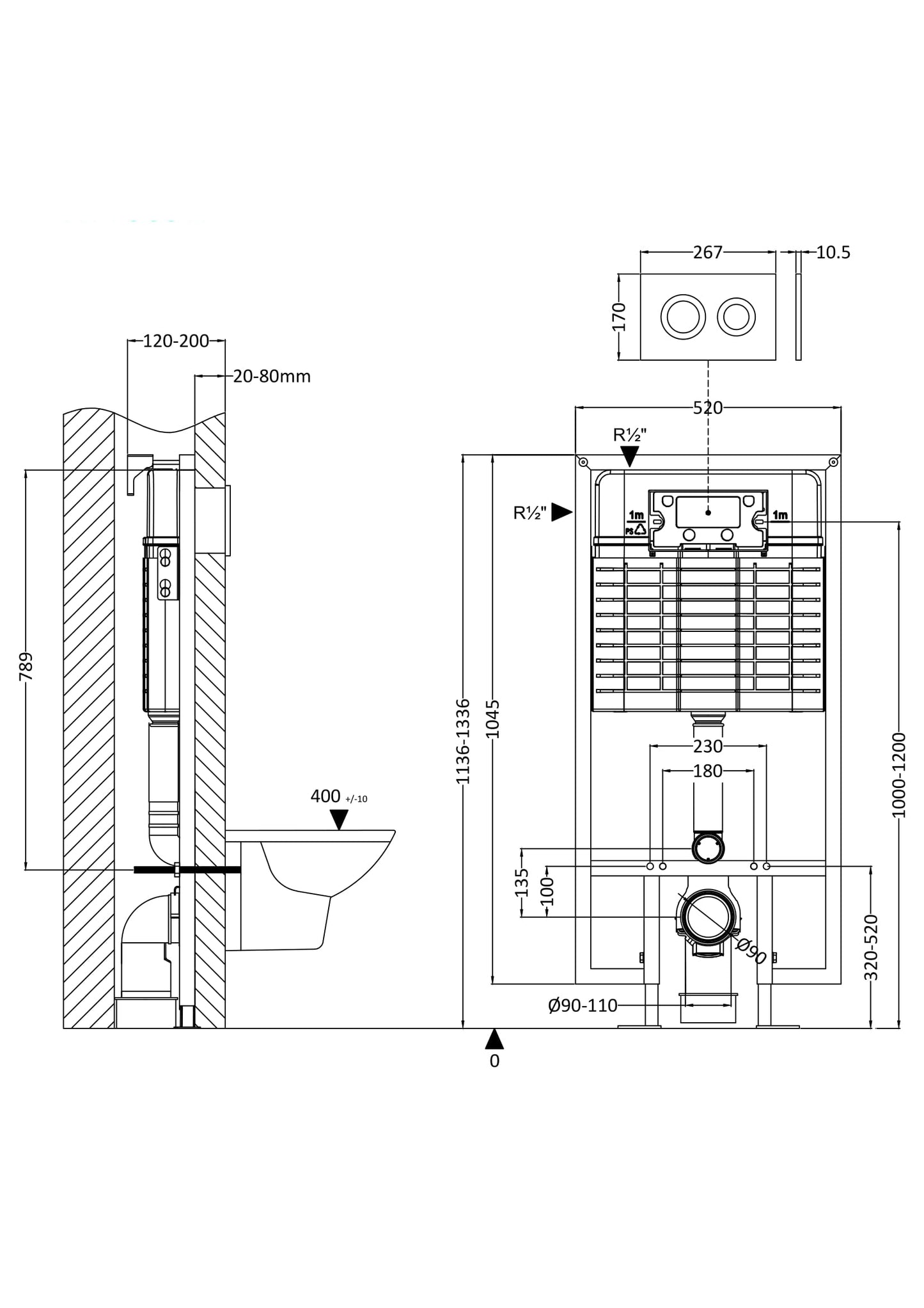 Nuie Dual Flush Concealed WC Cistern with Wall Hung Frame with Buttons