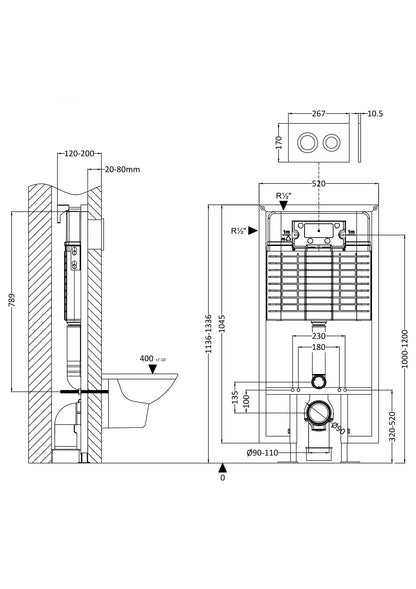 Nuie Dual Flush Concealed WC Cistern with Wall Hung Frame with Buttons