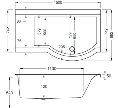 Carron Urban Compact 1500 x 750-900mm Shower Bath