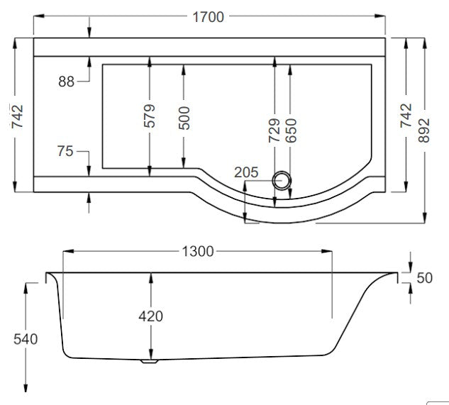 Carron Urban 1700 x 750-900mm Shower Bath